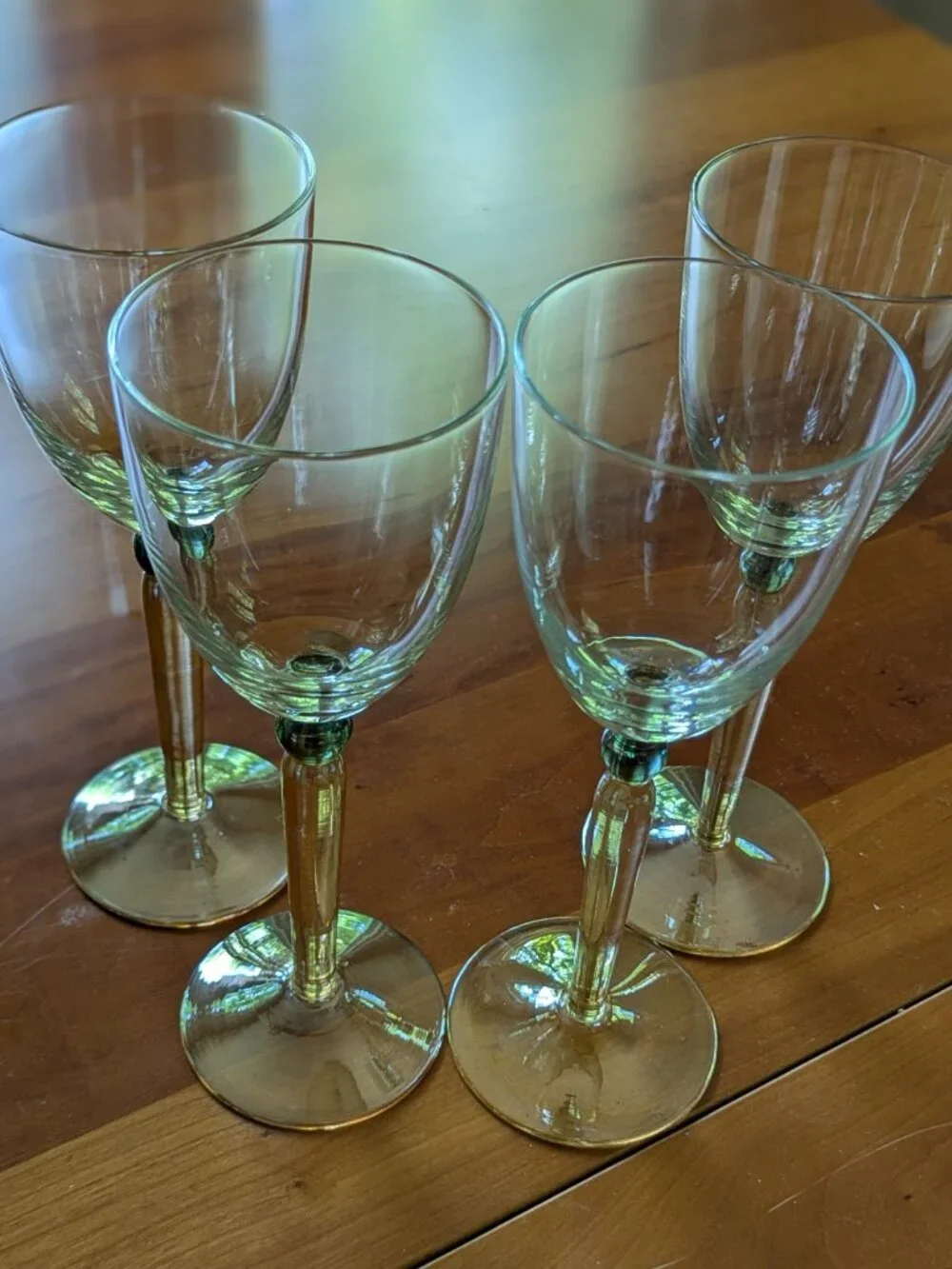 Vintage Pottery Barn Goblets Glasses Iridescent Amber Stem Green Bubble Set of 4